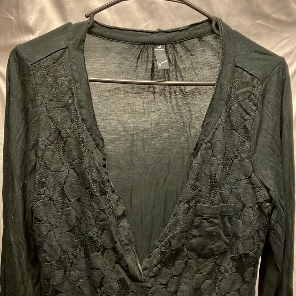 GW Button Neck Sheer-Back Blouse
